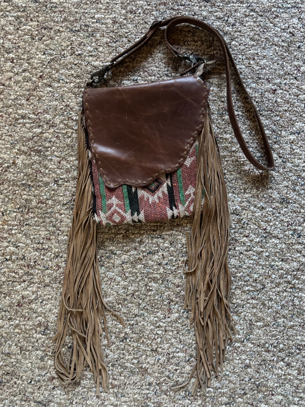 Myra Bag Brown Leather Fringe Crossbody with Aztec Textile